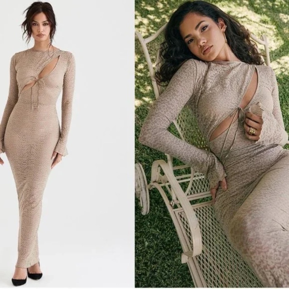 House of CB GIOVANNA STONE FLORAL LACE MAXI DRESS Long Sleeve Body-Con NWT XS